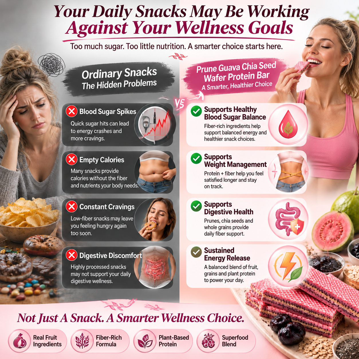 Prune Guava Chia Seed Wafer Protein Bar, High‑Fiber Crispy Meal Replacement Snack-JT9