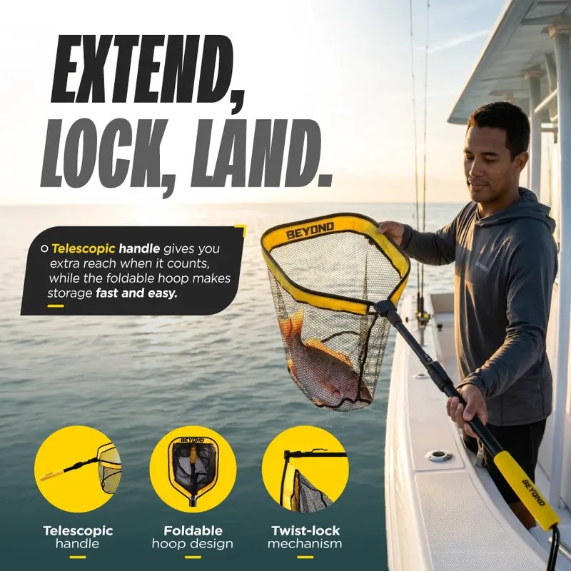 Beyond Braid Floating Fishing Net with Handle – Folding Fishing Net for Easy Storage – Telescopic Landing Net for Bass, Trout, Kayak & Boat Fishing – Durable, Lightweight & Fish Friendly-LIN