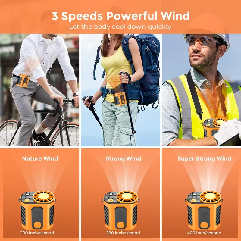 PADOX Personal Waist Portable Rechargeable Fan, 5000mAh Battery Power bank, 10 Speeds 5300RPM Airflow, LED Light, Wearable Belt Fan for Outdoor, Jobsite, Farms, Traveling, Fishing #SummerVibes-LIN
