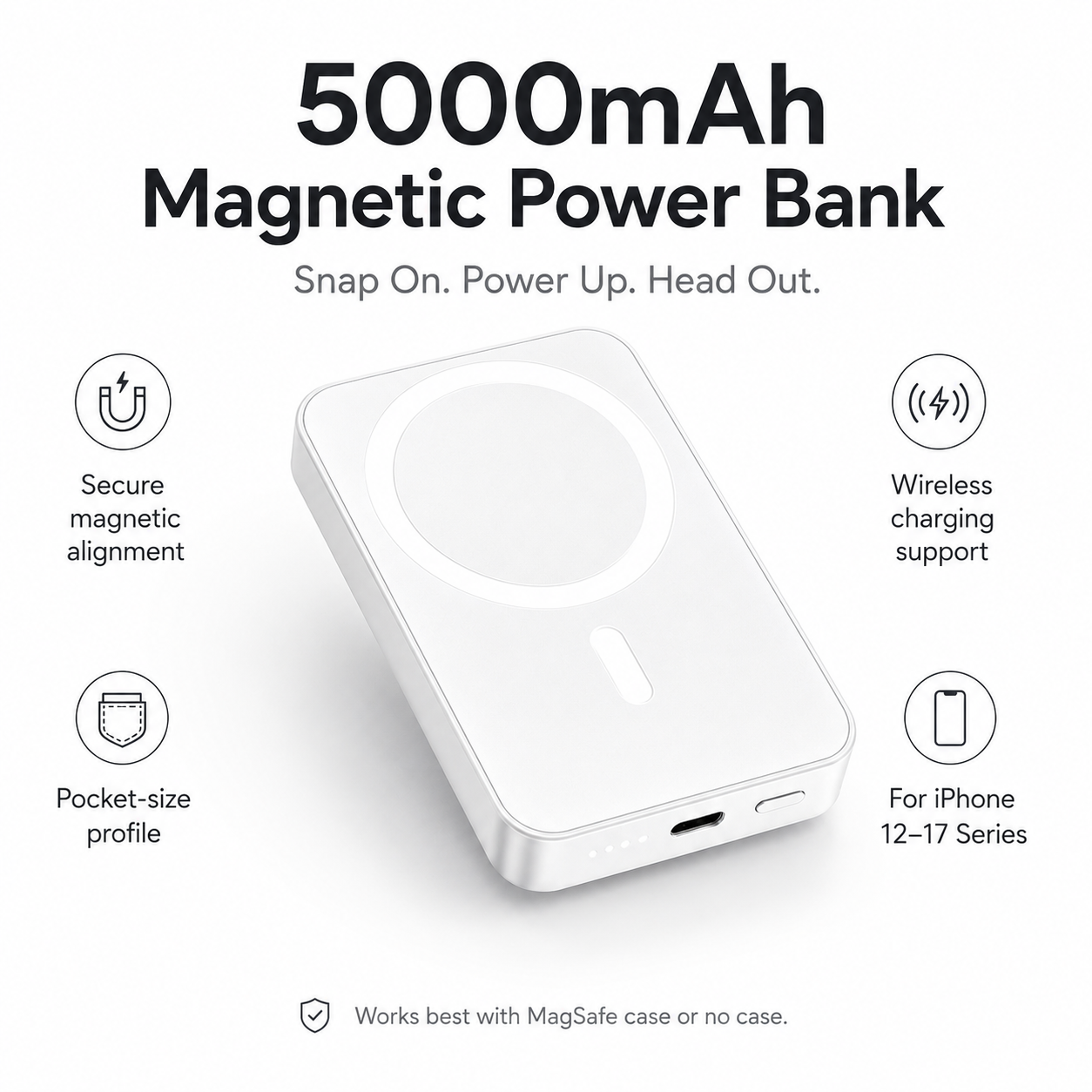 📱5000mAh Magnetic Wireless Power Bank for iPhone 12 to 17, Compatible with MagSafe Cases & Bare Phones, Portable Charger | Father's Day Gift-TI