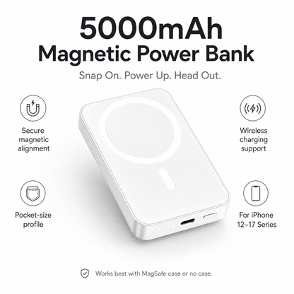 📱5000mAh Magnetic Wireless Power Bank for iPhone 12 to 17, Compatible with MagSafe Cases & Bare Phones, Portable Charger | Father's Day Gift-TI