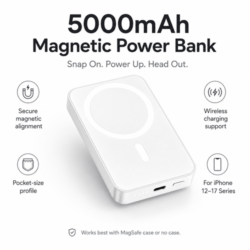 📱5000mAh Magnetic Wireless Power Bank for iPhone 12 to 17, Compatible with MagSafe Cases & Bare Phones, Portable Charger | Father's Day Gift-TI
