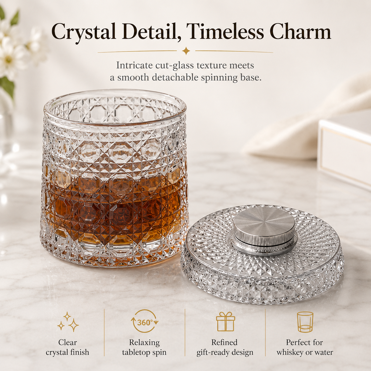 🥃Luxury 360° Rotating Crystal Glass🥂, Star-Cut Whiskey & Wine Glass, Elegant Barware Gift for Stress Relief-TI