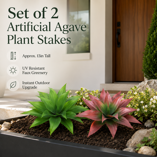 🪴Set of 2（13inch）Artificial Agave Plant Stakes, UV Resistant Faux Greenery for Outdoor Front Door & Garden Landscaping-TI