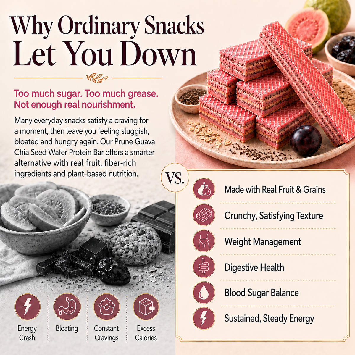 Prune Guava Chia Seed Wafer Protein Bar, High‑Fiber Crispy Meal Replacement Snack-JT9