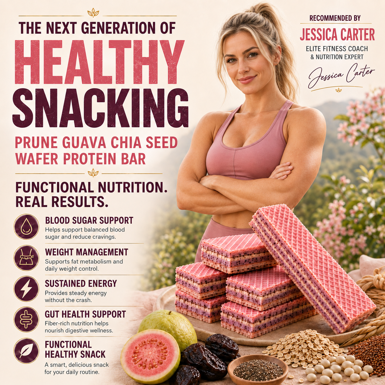 Prune Guava Chia Seed Wafer Protein Bar, High‑Fiber Crispy Meal Replacement Snack-JT9