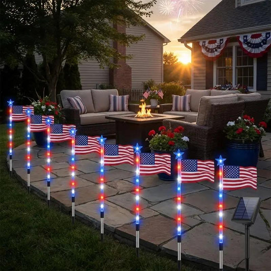 🎉Solar-powered outdoor American flag light set🎉, 4th of July Decorations with 8 Lighting Modes, Dusk-to-Dawn Auto On/Off Red White Blue Lights for Pathway, Garden Yd Decor, Solar Outdoor Lights-LIN